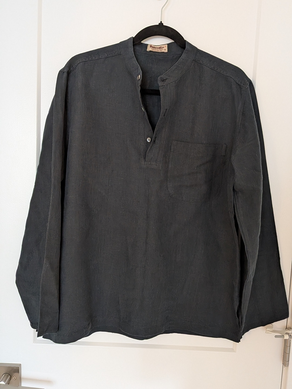 Fabindia Mens Charcoal Linen Pullover Henley Shirt relaxed-fit 38 Band Collar